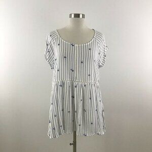 Crescent Women's Top Large Striped White Blue Palm Tree Print Flowy Lattice NWT